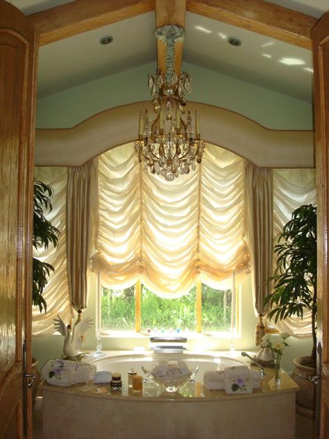 Similar to a balloon shade, this Australian shade falls elegantly down a window. It can be purchsed at cpwwindowcovering.com Curtain Cover, Fancy Curtains, Balloon Shades, Bathroom Window Treatments, Balloon Curtains, Ruffle Curtains, Contemporary Bathroom Designs, Elegant Bedding, Gorgeous Bathroom