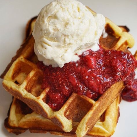 Ricotta Waffles with Strawberry Chia Jam and Maple Ice Cream - United Dairy Industry of Michigan Ricotta Waffles, Waffles With Ice Cream, Maple Ice Cream, Strawberry Chia Jam, Waffle Ice Cream, Food Pic, Cake Drawing, Dairy Industry, Chia Jam