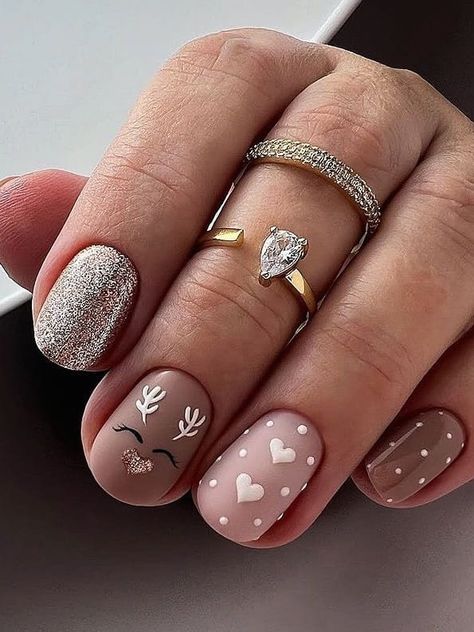 Gold Glitter and Reindeer Christmas And New Year Nail Ideas, Christmas Nails Neutral Sparkle, Christmas Nail Art Reindeer, Reindeer Nail Art Designs, Winter Nails Easy Simple, Nye 2024 Nails, Christmas Nail Designs Reindeer, Pink Reindeer Nails, Reindeer Nails Christmas