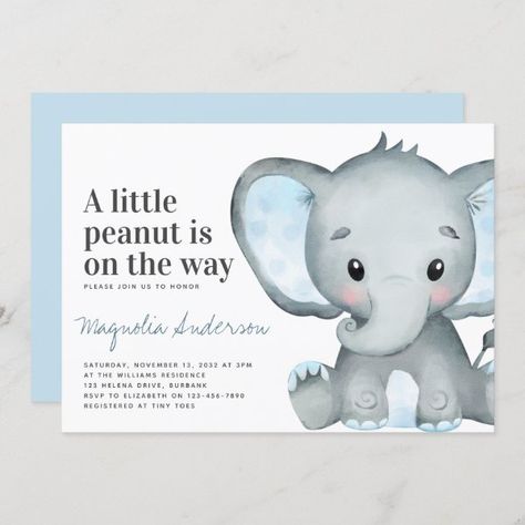 Blue Elephant Little Peanut Baby Shower Invitation Peanut Baby Shower, Teddy Bear Baby Shower Invitations, Elephant Baby Shower Boy, Rustic Baby Shower Invitations, Safari Baby Shower Invitations, Boho Baby Shower Invitations, Elephant Baby Shower Invitations, Woodland Baby Shower Invitations, Floral Baby Shower Invitations