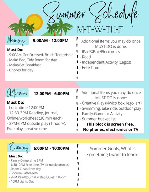 Kids Summer Schedule - GatorMOM Summer Schedule For Kids 9-12, Middle Schooler Summer Schedule, Summer Activity List For Kids, Summer Responsibilities For Kids, Summer Schedule Kindergarten, Summer Must Do List For Kids, Summer Break Routine For Kids, Summer Babysitting Schedule, Summer Meal Planning For Kids