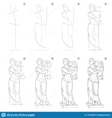 How to create step by step pencil drawing. Page shows how to learn step by step draw imaginary Greek women statue.. Illustration about book, handdrawn, game, learn, kids - 149226840 Greece Drawing, Greek Drawing, Disney Drawing Tutorial, Step By Step Sketches, Flower Drawing Tutorials, Draw Sketch, Learn Art, Figure Drawing Reference, Step Drawing