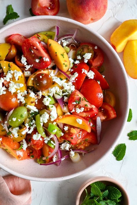 Peach, tomato and feta salad - Mia Kouppa, Greek recipes and more Tomato And Feta Salad, Tomato And Feta, Varieties Of Tomatoes, Chicken Souvlaki, Lamb Burgers, Peach Salad, Cucumber Recipes, Strawberry Salad, Feta Salad