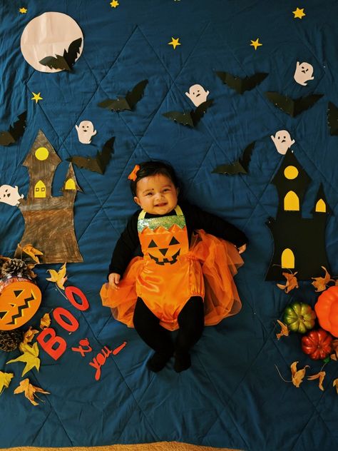 Happy Halloween 😈.Booo to you all. Halloween Theme Baby Photoshoot, Halloween Baby Photoshoot Ideas, Halloween Baby Photoshoot, Baby Milestones Pictures, Halloween Decorations For Kids, Monthly Baby Pictures, Baby Art Projects, Milestone Pictures