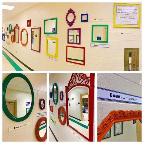 School Hallway Decorations, School Hallway, Hallway Displays, School Bathroom, School Hallways, Old Mirrors, School Murals, School Displays, Leader In Me