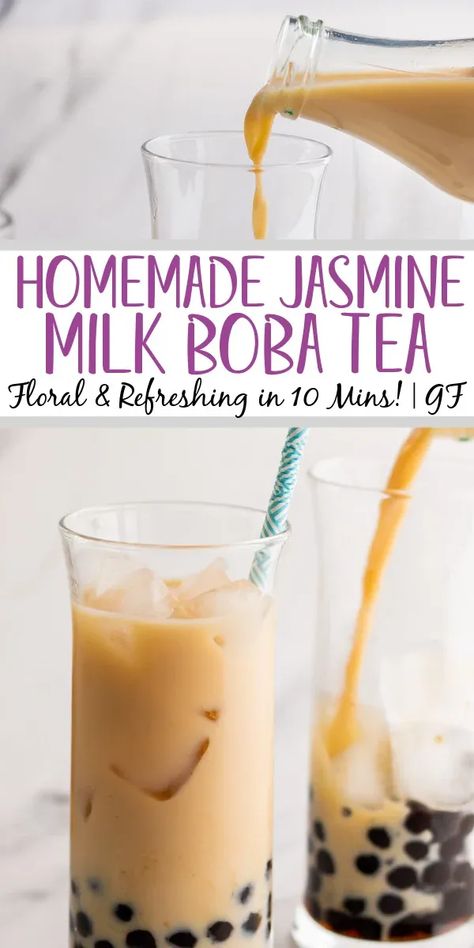 Jasmine milk boba tea is a refreshing drink that is naturally gluten free and takes only ten minutes from start to finish. It both looks great and is simple to make. The touch of sweetness from the boba (tapioca pearls) combine with the milk and floral notes of the jasmine tea make it a perfect drink for an afternoon treat or anytime. #boba #tapiocapearls #bubbletea #glutenfreerecipes #easydrinkrecipes #jasminetea #bobatea Milk Boba Tea, Jasmine Milk Tea, Jasmine Milk Tea Recipe, Milk Tea Boba, Milk Tea Recipes, Tea Remedies, Boba Pearls, Beef Soup Recipes, Pearl Tea