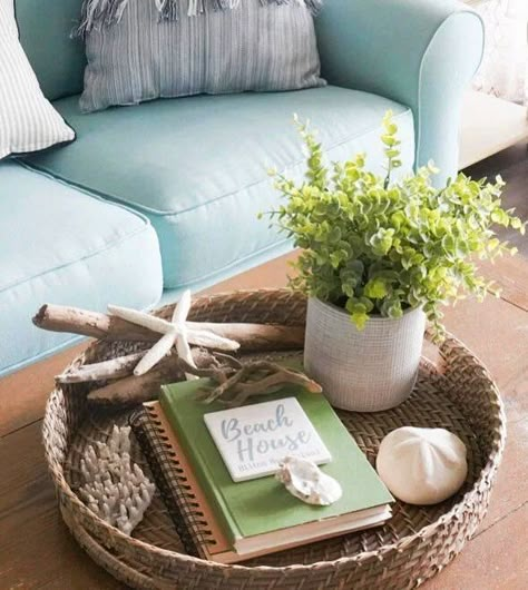 Coffee Table Top Decor Ideas with Coastal Theme Styled Trays Table Top Decor Ideas, Coastal Coffee Table Decor, Tray On Coffee Table, Coffee Table Styling Ideas, Table Styling Ideas, Table Tray Decor, Top Decor Ideas, Coastal Coffee Table, Coffee Table Vignettes