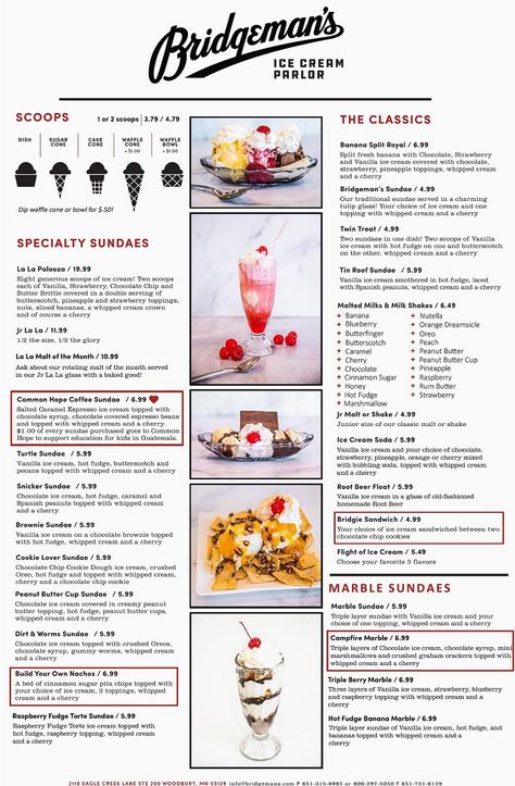 Bridgeman's Ice Cream - Menu Ice Cream Shop Menu Design, Ice Cream Shop Menu Ideas, Gelato Menu Design, Ice Cream Menu Design Ideas, Gelato Parlour, Churro Ideas, Ice Cream Menu Board, Ice Cream Shop Ideas, Ice Cream Menu Design