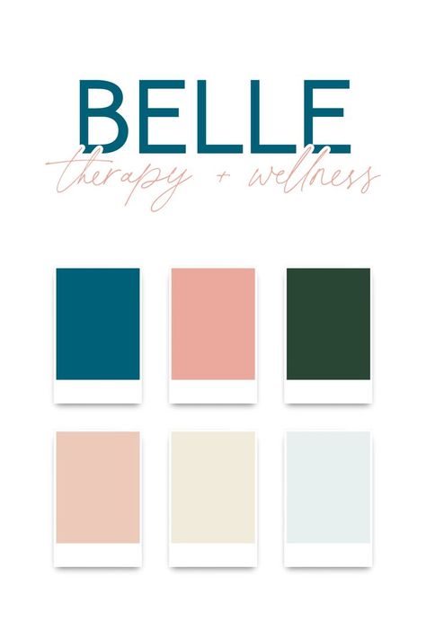 Check out the logo design for Belle Therapy and Wellness. With a color palette made up of blues and pinks, this branding design is modern and warm, perfect for a health and wellness business brand design! Self Care Brand Color Palette, Healing Colour Palette, Therapy Website Color Palette, Health And Wellness Color Palette, Health Color Palette, Therapist Marketing, Brand Colour Schemes, Therapy Website, Showit Website Design