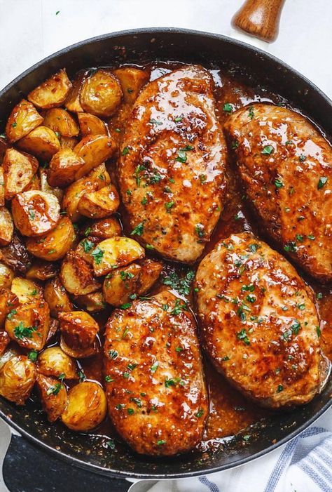 Indulge in the ultimate comfort food with our Honey Mustard Pork Chops and Potatoes Skillet. This mouthwatering dish promises tender, flavorful pork chops paired perfectly with golden potatoes. A must-try recipe that will have everyone asking for seconds. Crafted with love by Eatwell101, it's the best way to elevate your dinner game. Cocktail Sausage Recipes, Thai Basil Pesto, Thai Ingredients, Honey Mustard Pork Chops, Potatoes Skillet, Sausage Bites, Golden Potatoes, Mustard Pork Chops, Cooked Potatoes