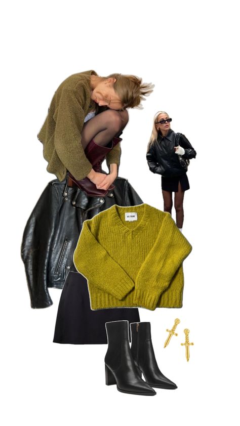 Harley leather jacket, olive green sweater, black mini skirt with tights Green Leather Skirt Outfit, Green Fall Outfit, Mini Skirts With Tights, Skirt With Tights, Green Leather Skirt, Leather Skirt Outfit, Olive Green Sweater, Black Mini Skirt, Green Sweater