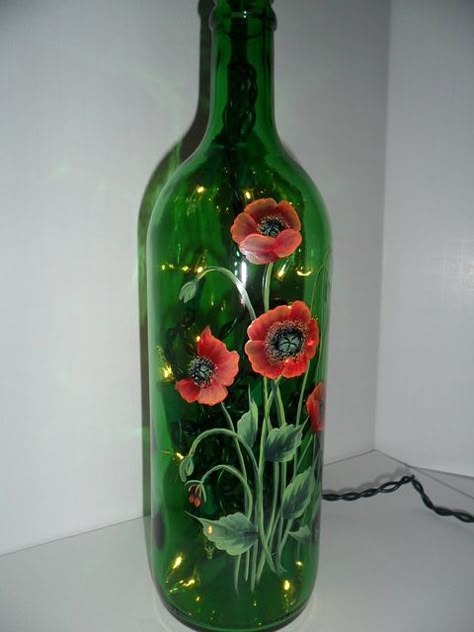 Painted Bottles With Lights Inside | Poppy Lighted Wine Bottle Hand Painted 750 ml | Flickr - Photo Sharing ... Glassware Crafts, Painted Glass Bottles, Hand Painted Wine Bottles, Recycled Wine Bottles, Hand Painted Bottles, Glass Painting Designs, Wine Bottle Art, Glass Bottles Art, Wine Bottle Diy Crafts