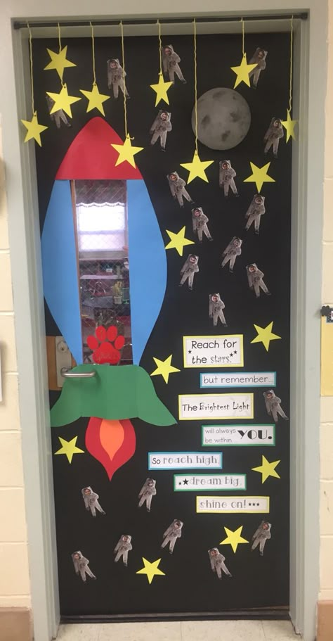 NASA themed classroom door for our SPACEtacular STEAM unit Planet Door Decorations Classroom, Science Themed Classroom Doors, Theme For Science Exhibition, Galaxy Door Decorations, Space Themed Classroom Door Ideas, Space Theme Elementary Classroom, Moon Door Decorations Classroom, Space Theme Door Decor Classroom, Outer Space Door Decoration