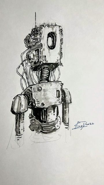 Warpsol on Instagram: "Here’s a 20 min bot. Uwu - #robot #brushpen #art #artistsoninstagram #sketching #practice #paperplanes #drawing" Paperplanes Drawing, Robot Art Drawing Sketch, How To Draw A Robot, Robot Drawing Reference, Simple Robot Design, Robot Drawing Sketches, Cute Robot Drawing, Robot Drawing Ideas, Robots Art Drawing