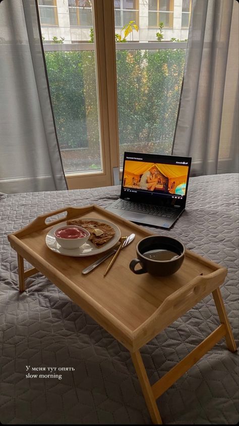 Table For One Aesthetic, Food Display Table, Fancy Breakfast, Wooden Kitchenware, Furniture Details Design, Bed Tray, Bed Table, Breakfast Table, Breakfast In Bed