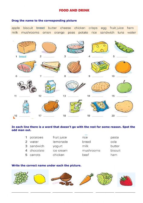 Food and drinks interactive activity for A1. You can do the exercises online or download the worksheet as pdf. Food And Drink Worksheet For Kids, Go Grow And Glow Foods Worksheet, Food And Drink Worksheet, Food Worksheets For Kids, English Liveworksheet, Food Worksheet, Reading Exercises, Chicken Crisps, Food Vocabulary