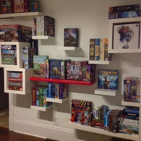 Board Game Shelf, Board Game Room, Red Shelves, Basement Games, Board Game Box, Game Cafe, Board Game Storage, Board Game Organization, Game Organization