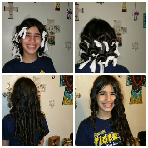 Rag curls. All you need is an old t-shirt. That's what we used. Cut t-shirt or even an old pillow case into strips. We used strips that were 3"x8". Her hair was mostly dry and mildly damp. She kept these on overnight and removed the rags in the morning. Curls were tight and bouncy. #ragcurls #curls #straighthairproblems #hair #longhair #strandedislandhairstyle #easytodo #diy #beauty T Shirt Curls Overnight, Pillow Curls, Straight Hair Problems, T Shirt Curls, Wet Hairstyles, Rag Curls, Fenugreek For Hair, Island Hair, Iron Curls