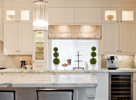 Love Designer Windows, Herringbone Tile Backsplash, Patterned Tile Backsplash, Upper Kitchen Cabinets, Kitchen Transitional, Tile Layout, Herringbone Backsplash, Kitchen Backsplash Designs, Herringbone Tile