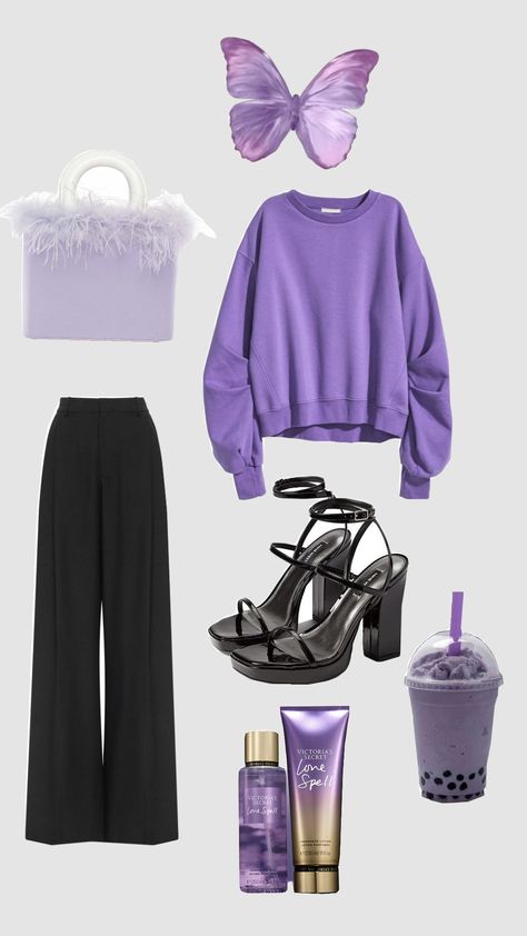 #purple #outfitinspo Purple Crewneck Outfit, Purple Outfits Aesthetic, Purple Aesthetic Outfit, Black And Purple Outfit, Outfits Purple, Lavender Outfit, Crewneck Outfit, Baddie Fashion, Purple Crewneck