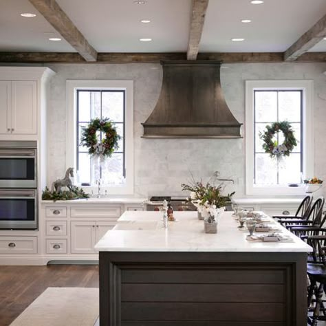 Bell Kitchen and Bath Studios - traditional - kitchen - atlanta - Barbara Brown Photography- Range hood between windows Ideas Pictures, Kitchen Designs, White Cabinets, Stove, Kitchen Ideas, Kitchen Remodel, Beams, Design Ideas, Layout