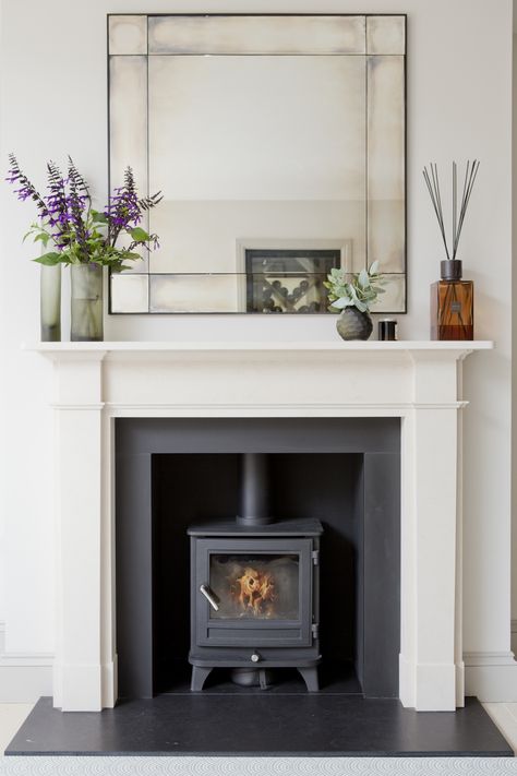 Wood Burner In Kitchen, Georgian Fireplace Surround, Fireplace Mirror Ideas Living Room, Airbnb Fireplace, Fireplace Next To Window, Victorian Fireplace Living Room, Formal Living Room Fireplace, Wood Burner Fireplace Ideas, London Fireplace