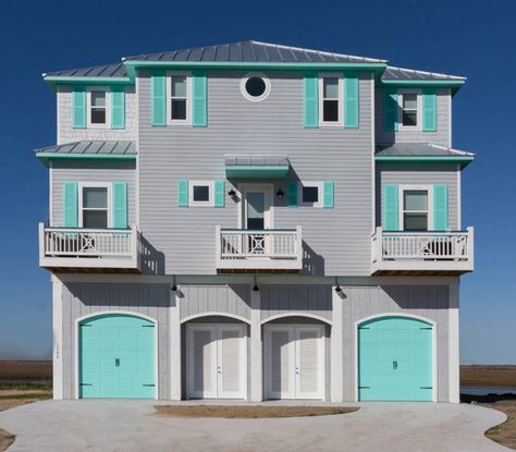 beach house | Laura U Interior Design Coastal Exterior House Colors, Turquoise Shutters, Texas Beach House, Galveston Texas Beach, Beach House Exterior, Home Bunch, House Of Turquoise, Galveston Texas, Bathroom Ceiling