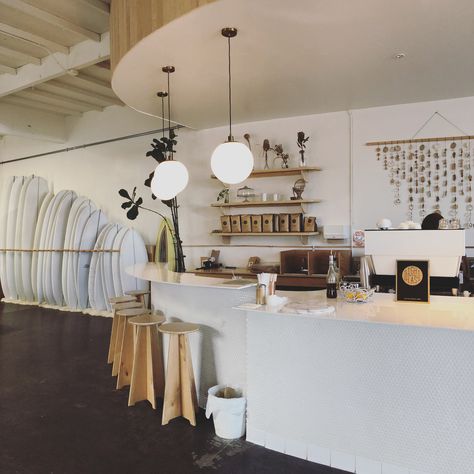 Daydream Surf Shop  Cute coffee shop vibes #werkedywerk ☕️ Beachy Coffee Shop, Coffee Shop Beach Design, Surf Coffee Shop Interior Design, Daydream Surf Shop, Surfer Coffee Shop, Coffee Shop Vibes, Surf Bedroom, Surf Cafe, Lakeside House