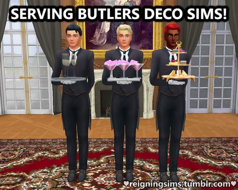 Deco Butler Sims | Reigningsims on Patreon Sims 4 Butler, Deco Sims, Butler Outfit, Sims Medieval, Sims 4 Family, 4 Poses, Sims 4 Cc Skin, Tumblr Sims 4, Casas The Sims 4