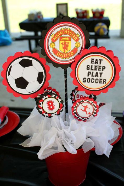 Manchester United Soccer Party Birthday Party Ideas | Photo 7 of 15 Soccer Decorations, Soccer Centerpieces, Soccer Banquet, Soccer Theme Parties, Banquet Centerpieces, Soccer Birthday Parties, Soccer Theme, Manchester United Soccer, Soccer Birthday