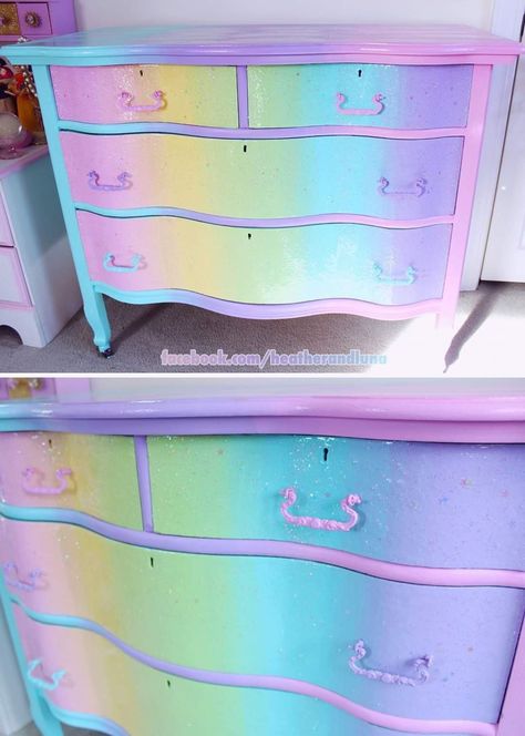 Rainbow Dresser, Rehabbing Furniture, Dresser Painting, Dressers Painted, Pretty Furniture, Upcycle Furniture, Dresser Ideas, Vanity Makeover, Fun Furniture