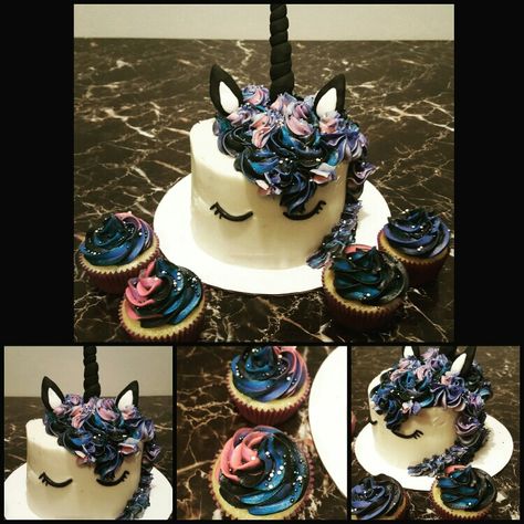 Galaxy Unicorn Cake  and galaxy cupcakes. Galaxy Cakes, Gothic Unicorn, Galaxy Cupcakes, Galaxy Unicorn, Cake Unicorn, Unicorn Desserts, Galaxy Cake, Unicorn Cookies, Unicorn Birthday Cake