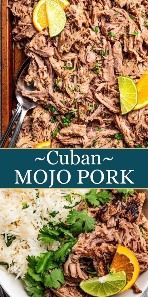 This Cuban Mojo pork is prepared with pork butt marinated in a blend of citrus juices, garlic, cumin, and oregano and then slow-cooked until fall-apart tender. Latin Pork Recipes, Mojo Pork Side Dishes, Cuban Pork Loin Recipes, Pork Boston Button Recipes Crockpot Easy, Cuban Pork Recipes, Cuban Pork Tenderloin Crockpot, Mojo Pork Instant Pot, Cuban Pork Crockpot, Instant Pot Mojo Pork