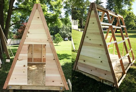 A-Frame Playhouse DIY (click through for toturial!) A Frame Fort, A Frame Playhouse Diy, Frame Playhouse, A Frame Playhouse, Playhouse Diy, Tenda Camping, Playhouse Plans, Diy Playhouse, Build A Playhouse