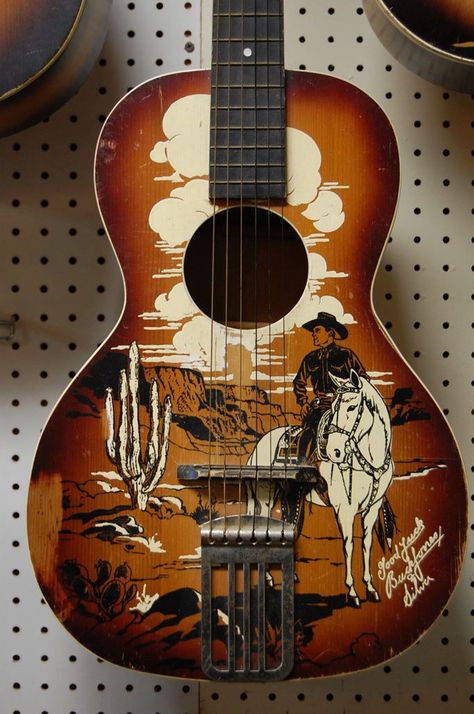 Cowboy Guitar, Painted Guitar, Vintage Cowboys, Old Guitar, Hopalong Cassidy, Guitar Photography, Musical Gift, Guitar Painting, Unique Guitars