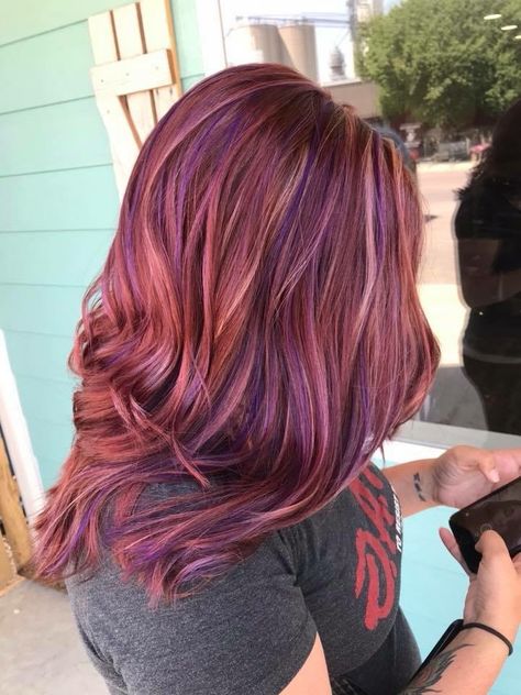 Red Hair With Purple And Blond Highlights, Red Purple Hair With Highlights, Purple Lowlights In Red Hair, Red Hair With Blonde And Purple Highlights, Red Hair With Pink And Purple Highlights, Red Purple And Blonde Hair, Red Hair With Violet Highlights, Violet And Copper Hair, Red Hair With Purple Streaks