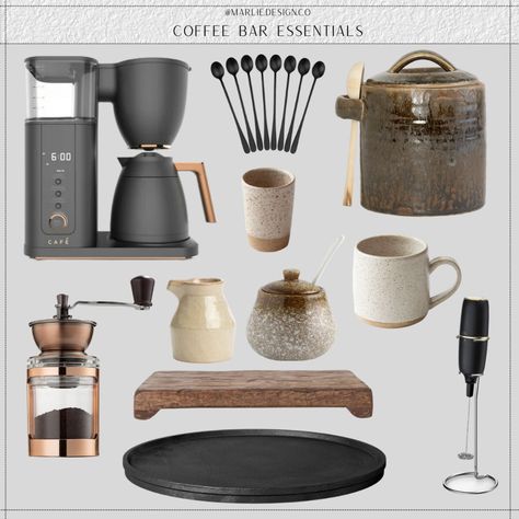 Dry Coffee Bar, Coffee Espresso Bar, Organic Modern Coffee Station, Minimalistic Coffee Bar, Coffee Bar At Home Ideas, Styling A Coffee Bar, Coffee Bar Styling Modern, Coffee Bar Necessities, Aesthetic Coffee Station