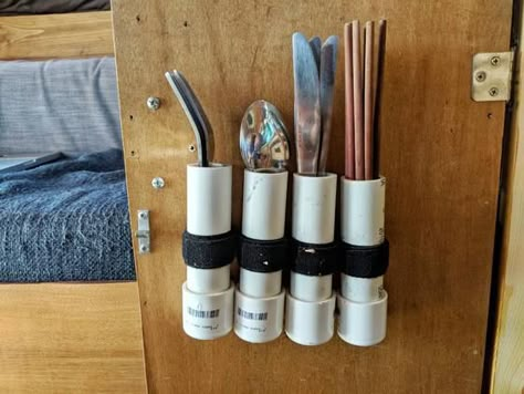 Vanlife Storage Hacks, Camper Van Organization, Campervan Storage Hacks, Camper Van Storage Ideas, Vanlife Storage, Van Storage Ideas, Vanlife Hacks, Rangement Caravaning, Campervan Storage Ideas