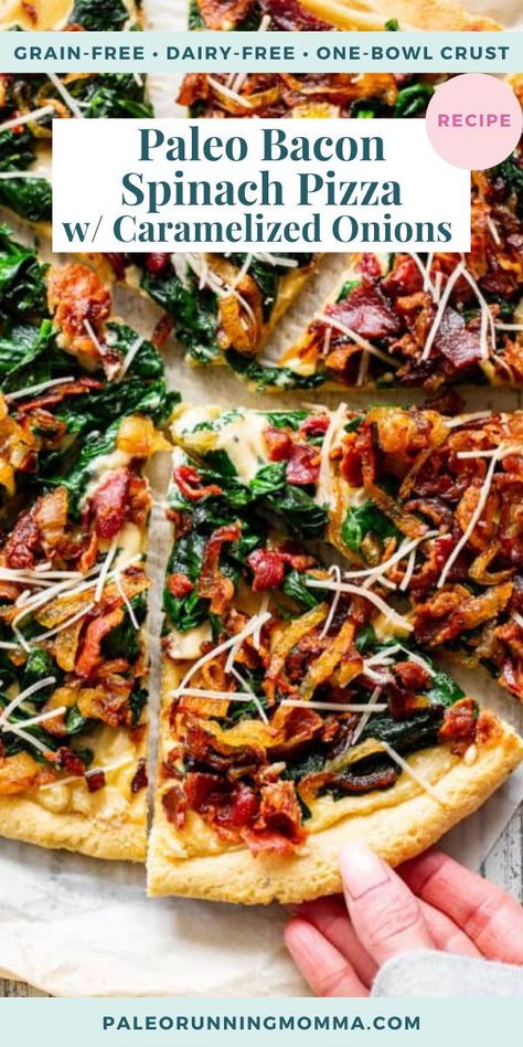 This bacon and spinach pizza is so tasty that you won’t believe it’s completely grain free and dairy free! An easy one-bowl paleo pizza crust is topped with a dairy free cheese sauce, spinach, crispy bacon and perfectly caramelized onions. It’s perfect as a slightly fancy appetizer but works as an everyday meal too! Paleo Pizza Casserole, Dairy Free Cheese Sauce, Paleo Pizza Recipes, Paleo Lunches, Paleo Baking Recipes, Paleo Pizza Crust, Paleo Comfort Food, Chicken Bacon Ranch Pizza, Paleo Dinners