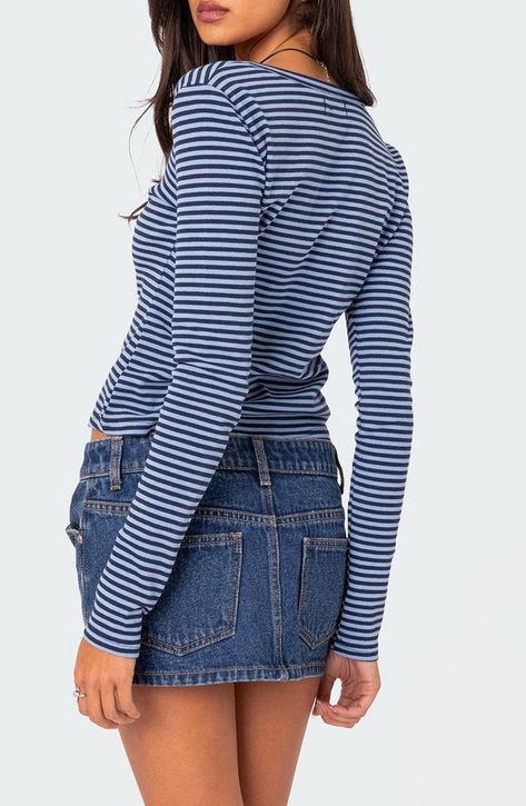 EDIKTED Jocelyn Stripe Stretch Cotton Top | Nordstrom Fall Long Sleeve Outfits, Going Out Tops College, Blue Striped Top Outfit, Stockholm Style Clothes, Cute Fall Tops, Cute Long Sleeve Tops, Brandy Long Sleeve, Cute Fall Clothes, 80's Clothes