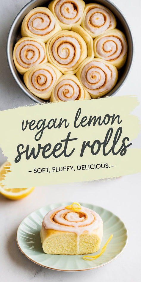 Freshly baked vegan lemon sweet rolls with a golden crust and citrusy filling on a rustic baking tray. Vegan Cake Roll, Vegan Baking Ideas, Plant Based Desserts Easy, Lemon Recipes Vegan, Quick Vegan Dessert, Vegan Desserts Easy, Lemon Sweet Rolls, Quick Vegan Desserts, Sweet Rolls Recipe