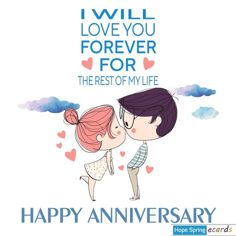 Happy anniversary ecard; two lovers cartoons kissing and the words "I will love you the rest forever for the rest of my life". Send and donate. Happy Anniversary To My Husband Funny, Happy Anniversary Meme, Happy Anniversary To My Husband, Cartoon Kiss, Cute Good Morning Texts, Happy Anniversary My Love, Couple Memes, Happy Anniversary Wishes, I Will Love You