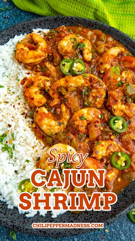 It's time for some shrimp, my friends. Spicy shrimp, that is. I'm always up for shrimp because it's so much lighter in the calorie department than other proteins, but that doesn't mean they're boring when it comes to flavor. This Cajun shrimp recipe is wonderfully spicy with succulent shrimp simmered in tomato sauce spiced with chilies, Cajun seasonings and more. Great for dinner or an appetizer. Cajun Sauteed Shrimp, Cajun Shrimp Stew, Stewed Shrimp, Jalapeño Shrimp, Spicy Cajun Shrimp, Cajun Cooking Recipes, Cajun Shrimp Recipe, Cajun Seasonings, Creole Dishes