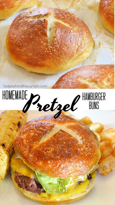 Homemade Pretzel Hamburger Buns Easy Pretzel Buns Recipe, Bun Recipes Homemade, Pretzel Burger Buns, Homemade Pretzel Bread, Best Homemade Hamburger Buns, Pretzel Sandwich Buns, Home Made Hamburger Buns Recipe, Sweet Hamburger Buns, Hamburg Buns Recipe