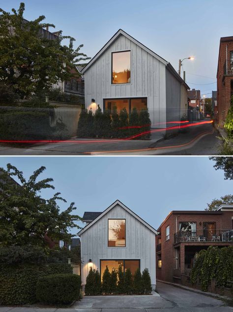 A garage has been converted into a small laneway house. Small Laneway House, Accessory Dwelling Unit Above Garage, Modern Carriage House, Canadian Architecture, Two Story Garage, Laneway House, Toronto Architecture, Garage Addition, Accessory Dwelling Unit