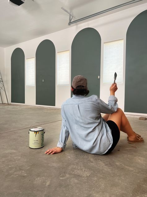 Four green color block arches painted in the color Current Mood by Clare Paint in a DIY home gym. Moody Green Paint, Painted Arches, Green Interior Paint, Gym Aesthetics, Nursery Accent Wall, Diy Home Gym, Paint Calculator, Green Paint Colors, Green With Envy