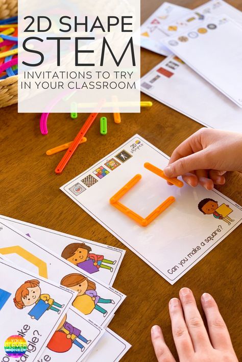 2D SHAPE STEM INVITATIONS - Recreate these simple STEM invitations in your classroom to help children learn about 2D shapes and their attributes through play | you clever monkey #stemactivitiesforkindergarten #2dshapeactivities #mathcentersforkindergarten #2dshapeSTEMcenters Stem Activities Kindergarten, Stem Centers, 2d And 3d Shapes, Dimensional Shapes, Shape Posters, 2d Shapes, Stem Challenges, 3d Shapes, 3d Shape