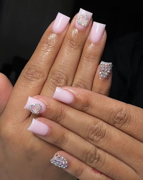 White Eradesant Nails, Short Nails Design With Gems, Colors To Get Your Nails Done, Short Nail Birthday Ideas, Milk White Nails With Rhinestones, Extra Short Duck Nails, Non French Tip Nails, No French Tip Nails, Cute Short Nails With Charms