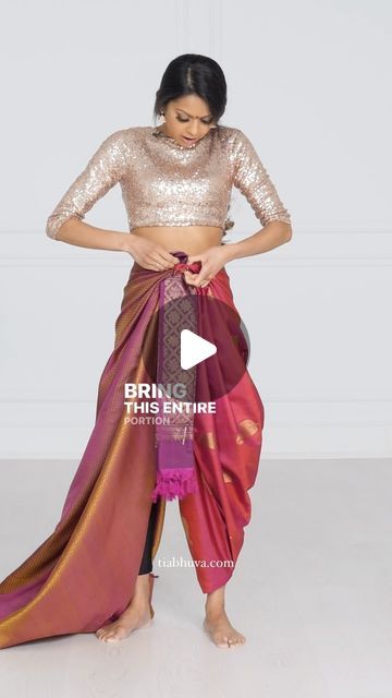 Barathanatyam draping saree Different Saree Draping Styles Indian, Indo Western Saree Drape, Sari Tutorial, Draping Saree Style, Different Saree Draping Styles, Tia Bhuva, Drapping Saree, Draping Saree, Draping Skirt