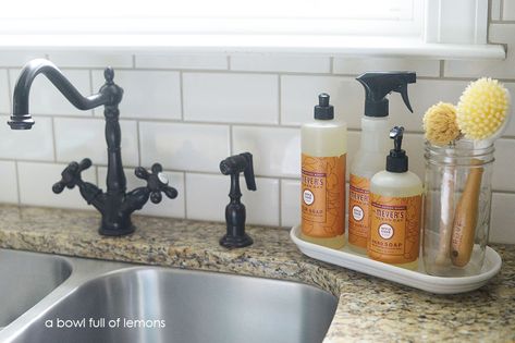 FREE Mrs Meyers Fall Scents via A Bowl Full of Lemons Organize Around Kitchen Sink, Kitchen Cleaner Organization, Modern Farmhouse Kitchen Canisters, Around Kitchen Sink Decor, Small Kitchen Sink Organization, Soap By Kitchen Sink, Kitchen Phone Charging Station, Fall Kitchen Sink Decor, Kitchen Sink Countertop Organization